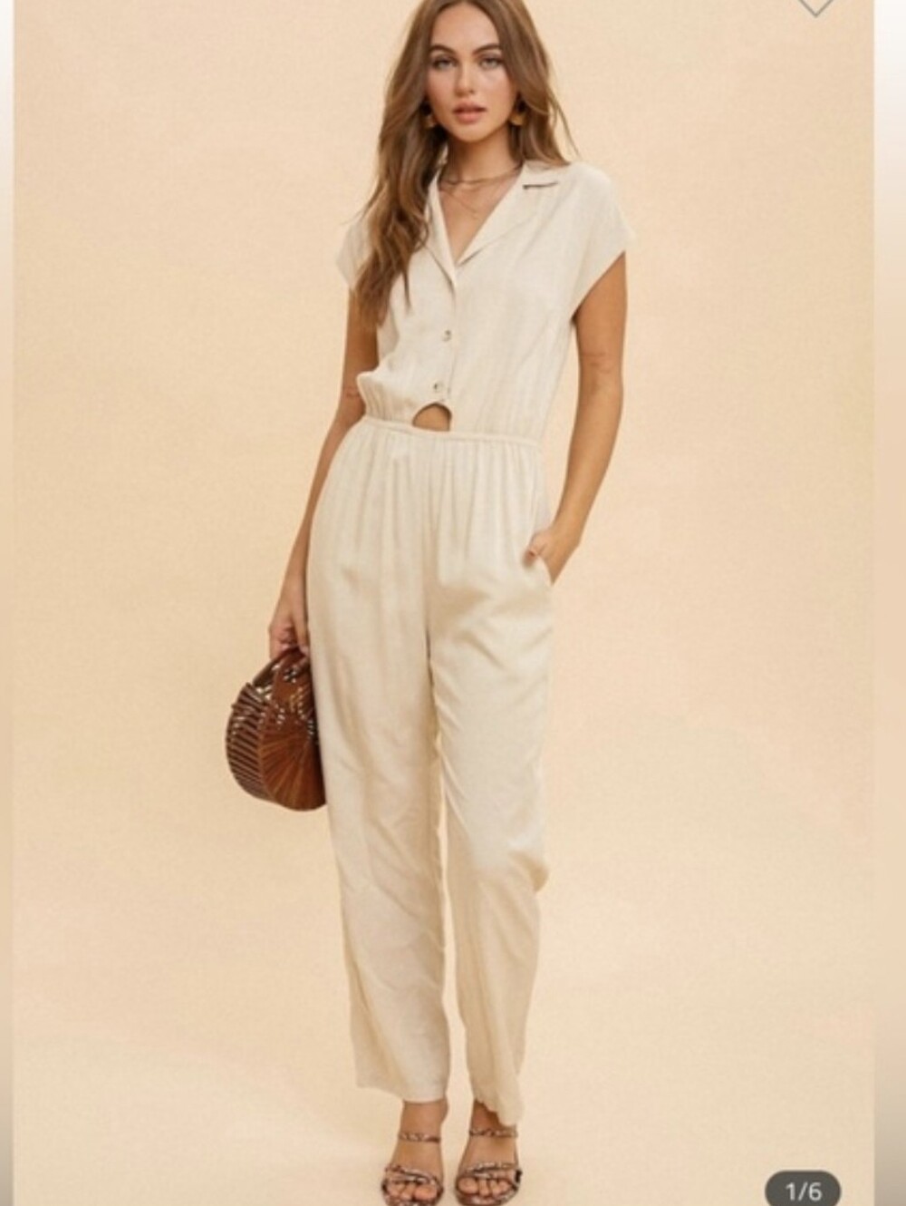 Nwt HEM & THREAD REVOLVE cut Out Linen Women’s Cream Short-Sleeve Jumpsuit Y2K - Picture 12 of 12
